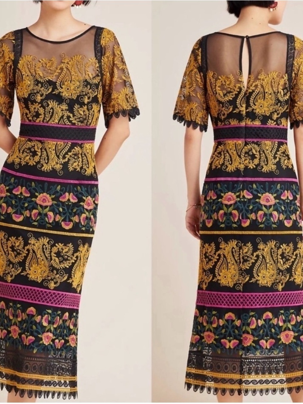 Anthropologie size 14petit Black Midi Dress with Gold Embroidery and Pink Trim